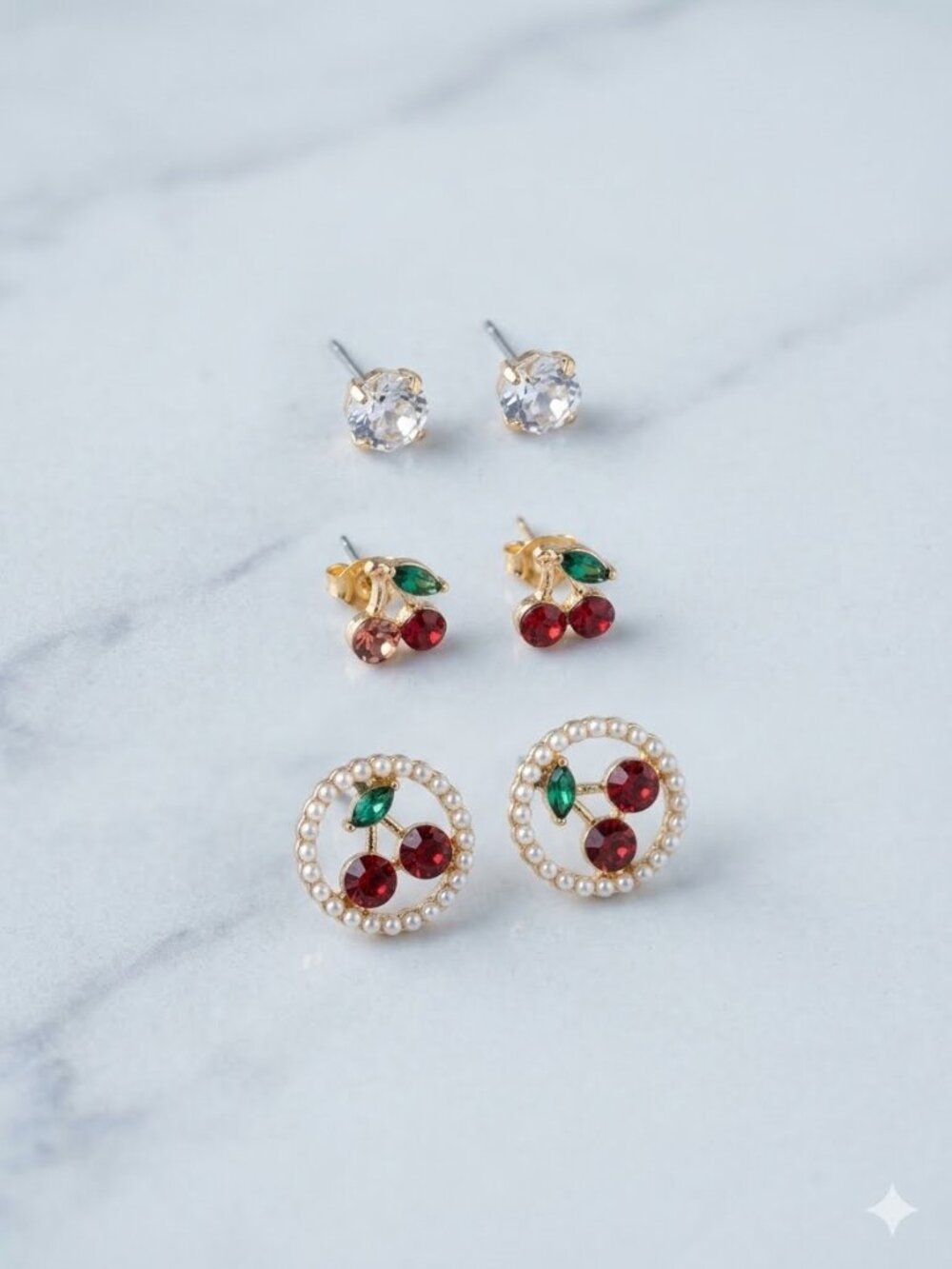 Set of 3 Cherry & Crystal Costume Earrings